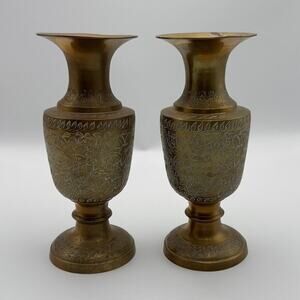 Vintage Elegant Solid Brass India Bud Vases Etched Floral Home Decor Gift